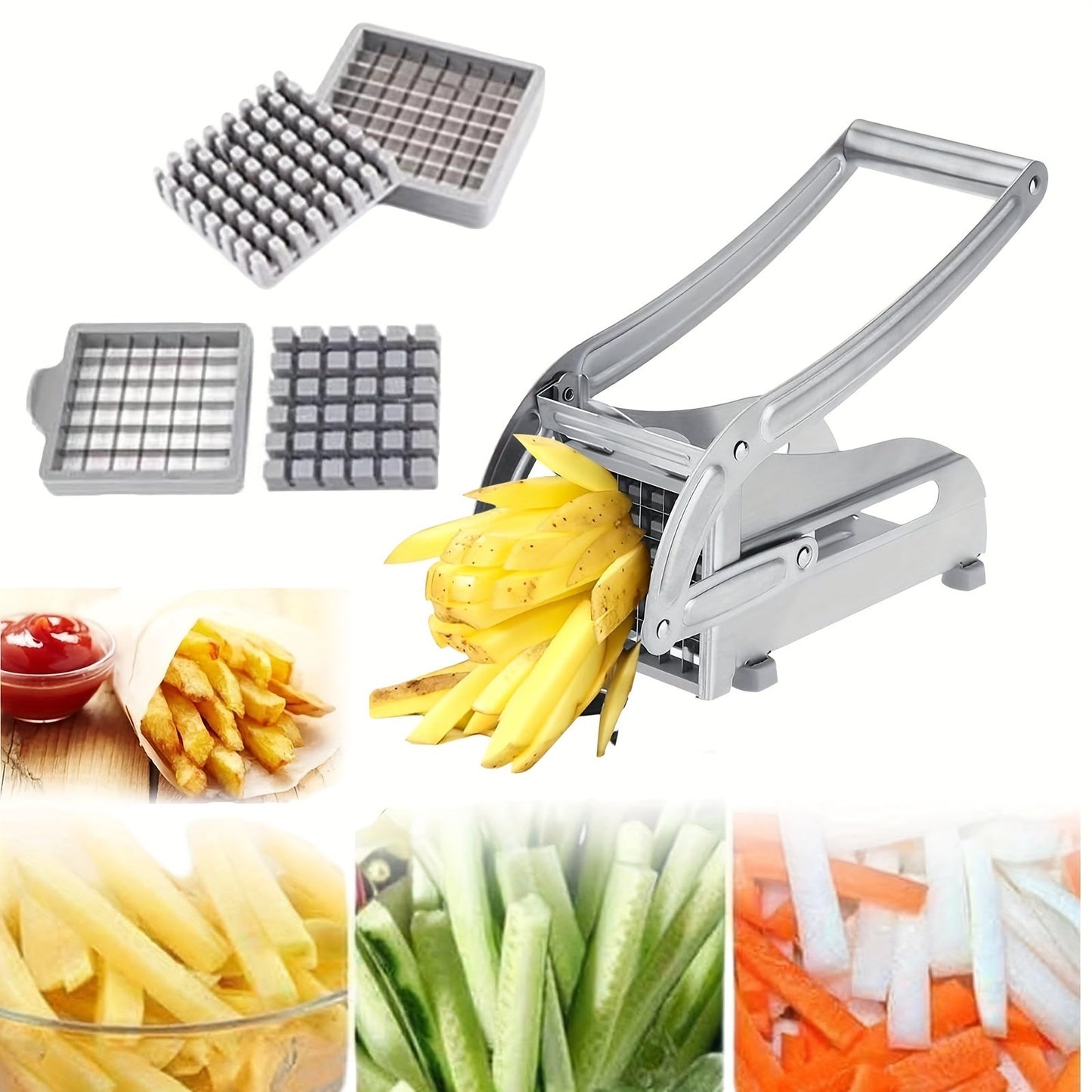 Best Choice for Holiday and Birthday Gifts: Stainless Steel French Fries Cutter with Non-Slip Grip, 1/2 Inch and 3/8 Inch Blades - Ideal for Home Kitchen or Outdoor Barbecue Cooking of Fruits, Potatoes, Radishes, Cucumbers, and Onions