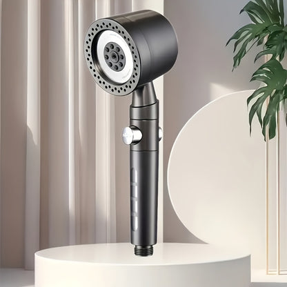 Luxurious handheld shower head with 5 adjustable modes, polished finish, one-touch water stop, pressurized bath filter spray made of ABS material.