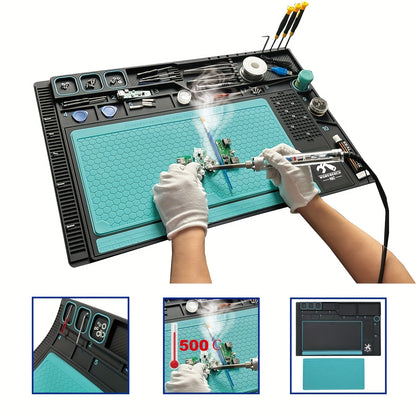 Silicone/PVC Soldering Mat Set with Anti-slip Insulation and Magnetic Heat Resistant Properties for Workbench Maintenance Tools.