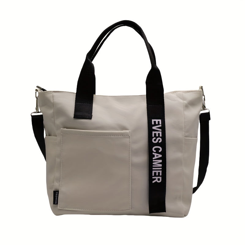 Versatile tote bag with multiple pockets, crossbody strap for travel and work, adjustable for school and everyday use.