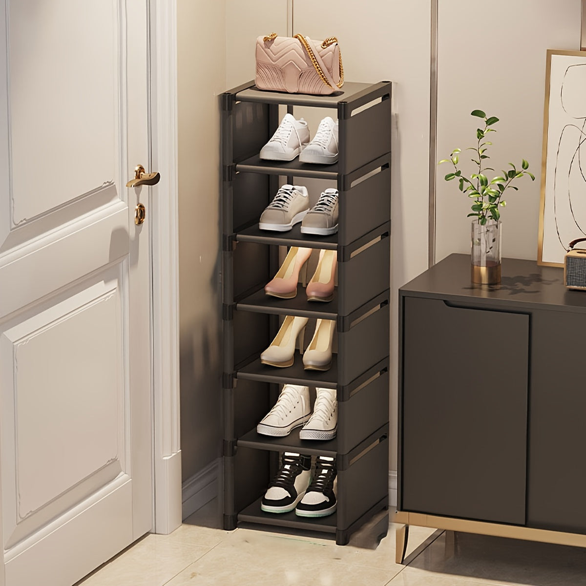 Tall narrow shoe rack designed for front door or closet entrance, made of durable metal with 7 shelves to store 4-7 pairs of shoes or boots. Stackable design saves space.