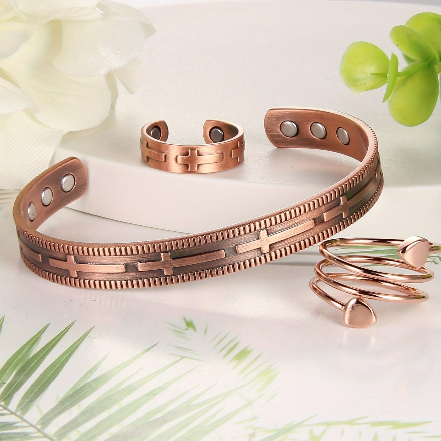 Copper Bracelet and Ring Set for Men and Women - Includes 3 Pieces of Copper Magnetic Cross Bracelets and Rings with 3500 Gauss Magnets. This Adjustable Copper Jewelry makes a Perfect Gift for Birthdays or Valentine's Day.