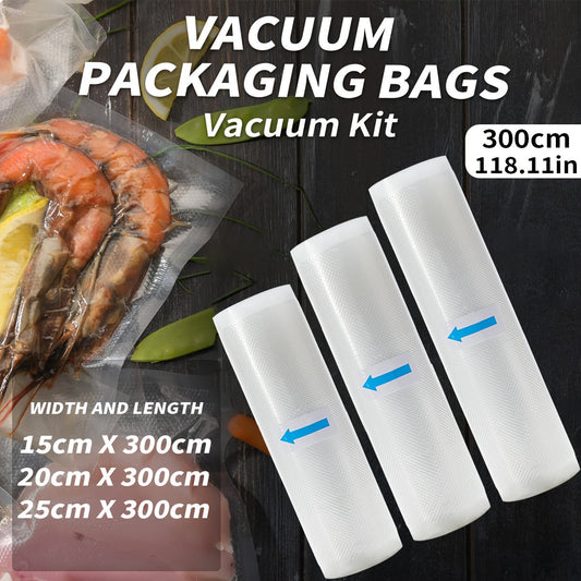 Three variations of vacuum-sealed bag rolls measuring 3 meters in size, suitable for food storage. These bags are bisphenol A-free and feature a seven-layer co-extruded diamond patterned design. They can be used for vacuum preservation and food packaging.