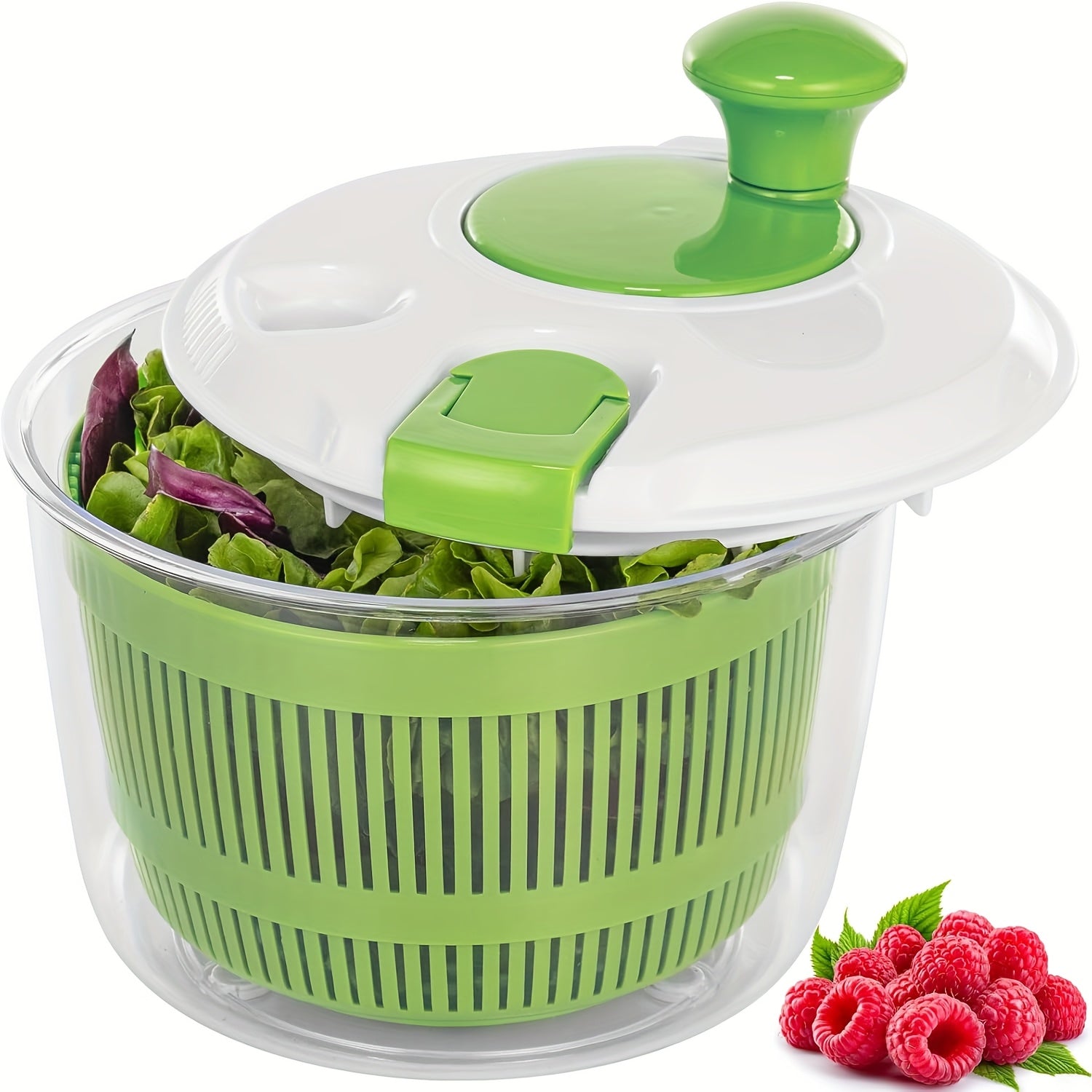 Plastic salad spinner with filter basket for drying salad, fruits, and vegetables in the kitchen. No electricity needed, includes rotating bowl and mesh basket.