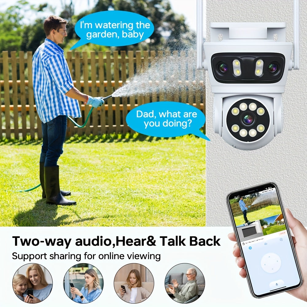 Wireless Smart Home Security Camera with Triple Lens Technology - Features 360° Pan/Tilt, AI Human Detection, Color Night Vision, and WiFi Connectivity for Remote Monitoring.