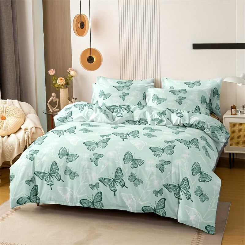 3pcs Butterfly Print Duvet Cover Set made of soft, breathable 100% polyester. Machine washable, all-season comfort. Perfect for animal theme bedroom decor. Duvet insert not included.