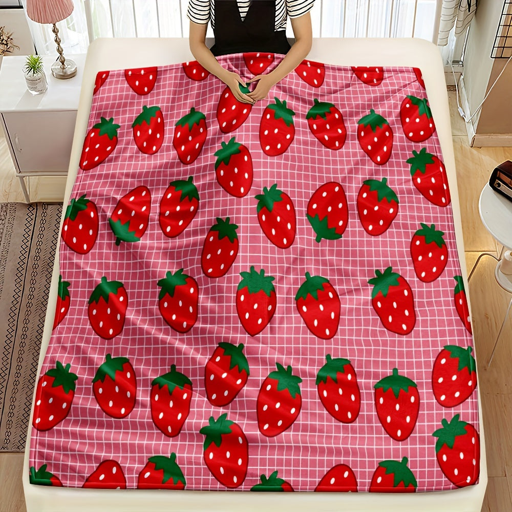 Glam Style Strawberry Pattern Throw Blanket, Microfiber Flannel All-Season Fruit Theme, Woven Digital Print, Ideal for Wedding, Housewarming, Birthday Gift - 1 Piece