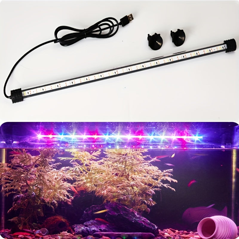 Compact USB-powered LED light strip (17-47cm) for aquariums, featuring vibrant submersible mood lighting with strong suction cups, dual row of beads for colorful illumination, and 110V