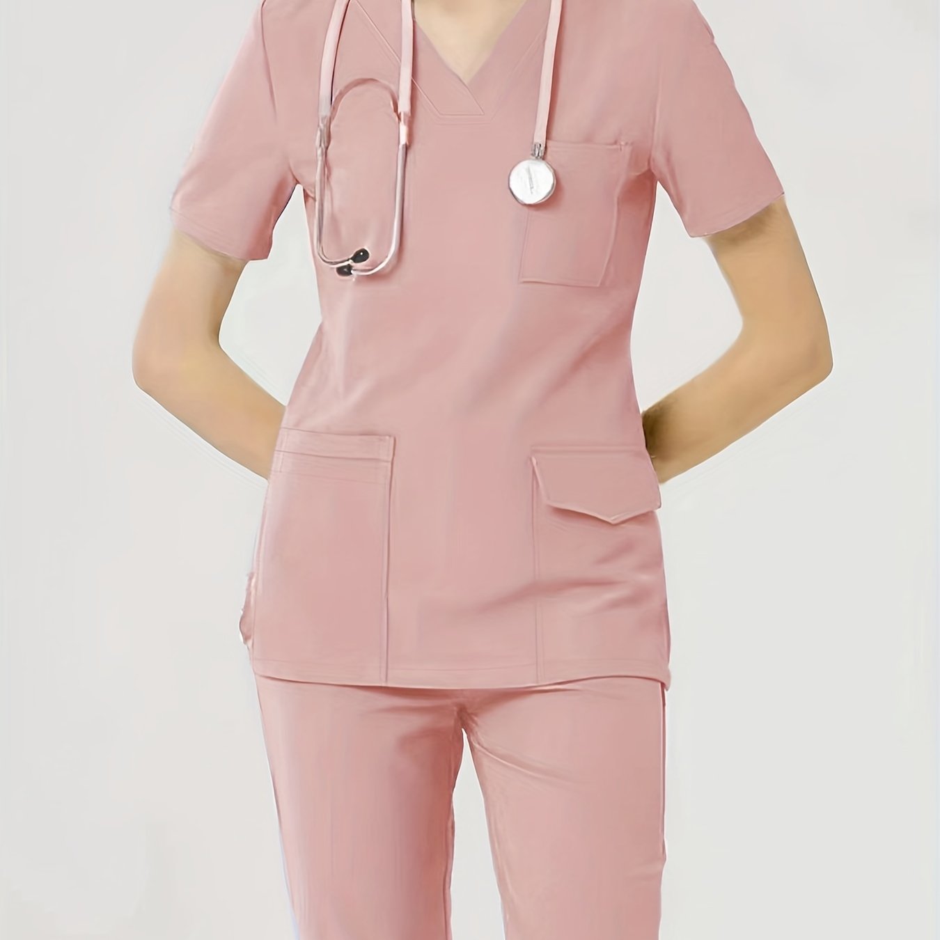 Women's Health Care Uniform Set: Cozy V-neck Top with Pockets and Solid Pants