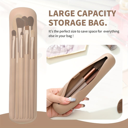 Travel makeup brush holder in beige silicone with magnetic closure; waterproof, anti-fall design for adult makeup tools organization.