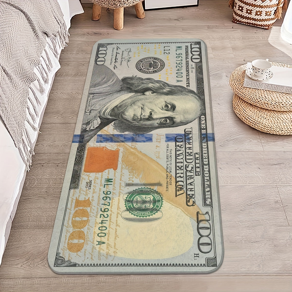 Non-Slip Runner Rug with Creative $100 Bill Design - Suitable for Bedroom, Kitchen, Laundry Room, and Hallway | Machine Washable Polyester Carpet with Anti-Skid Backing | Great for Halloween, Christmas, Easter, and Thanksgiving Decor | Low Pile