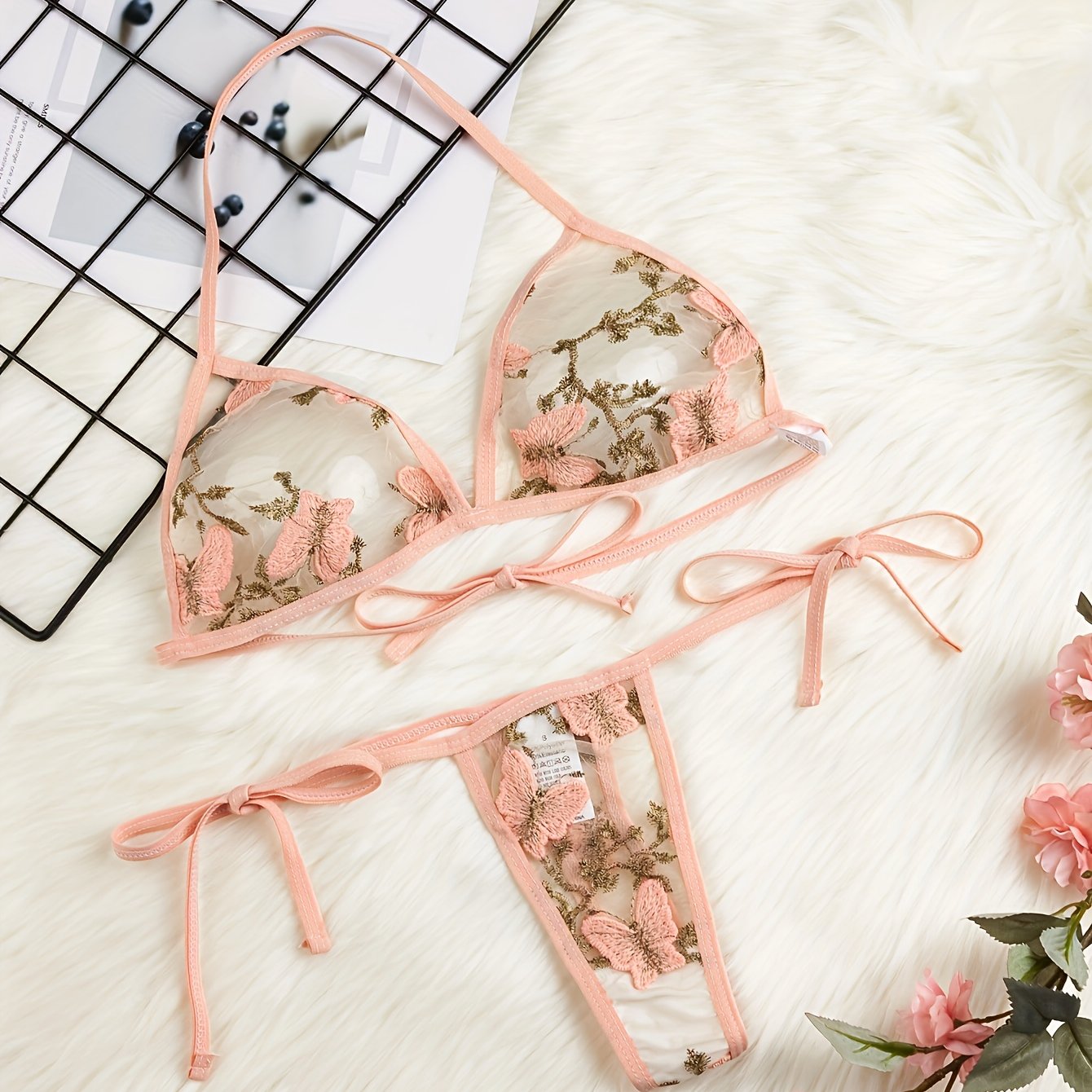 Butterfly embroidery lingerie set for women with transparent straps