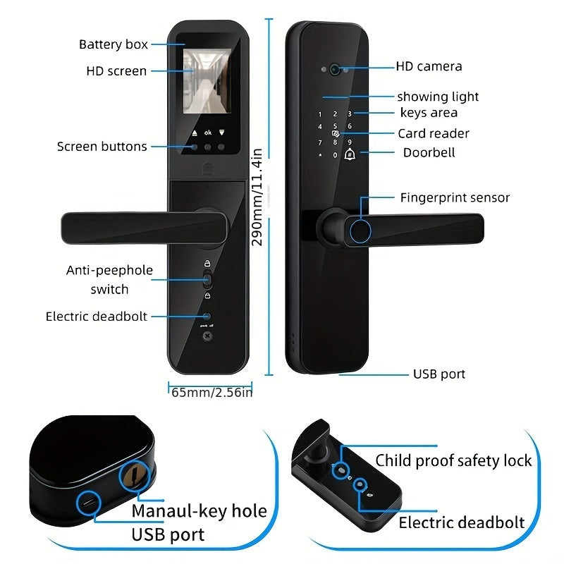 Smart door lock with biometric camera, fingerprint, smart card, password, and key unlock.