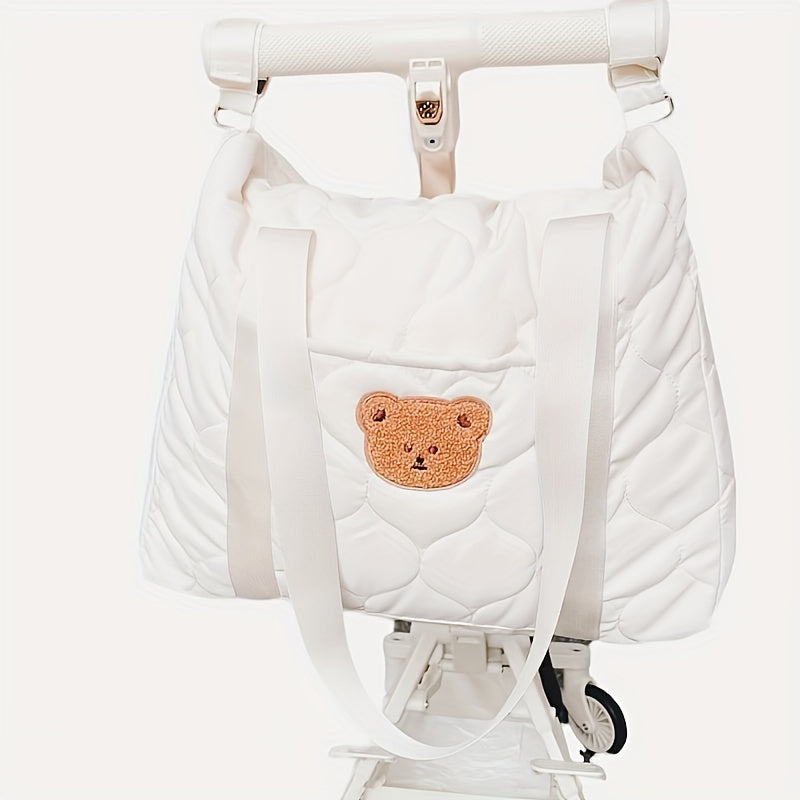 Top-Selling Mommy Tote Bag with Bear Design - Stroller-Friendly, Perfect for Diapers & Bottles, Great for Travel Year-Round, Made of Polyester in White and Black