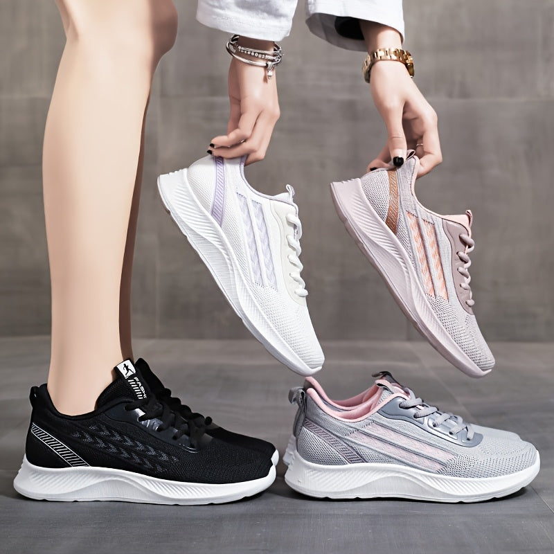 Breathable mesh running shoes for women with lightweight design, lace-up closure, fabric upper, and PU sole.