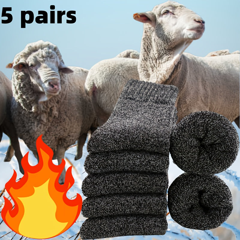 5 pairs of men's thick wool blend mid-calf winter socks in solid colors, soft and warm for casual or cold weather. Gift-ready packaging, quality fabric.