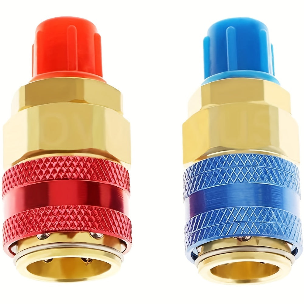 2 pieces of AC R134A quick coupler connector adapters with high and low manifold fittings. These brass adapters are suitable for air conditioning refrigerant systems.