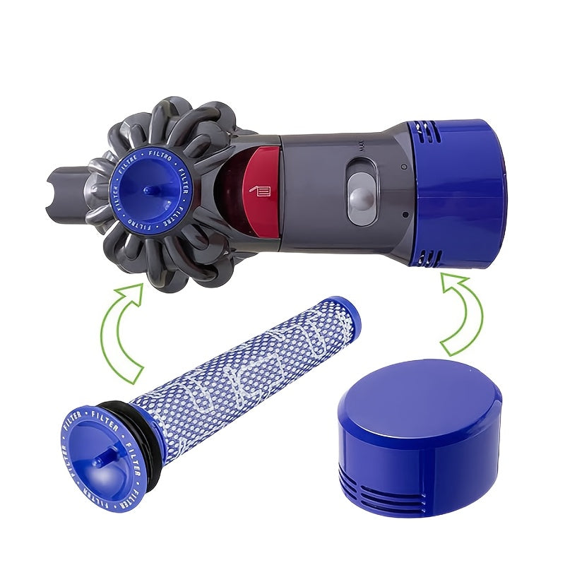 Upgrade your Dyson V7 & V8 with this compatible filter cartridge kit. Includes high-efficiency dual filter replacements and a cleaning brush for enhanced vacuum performance. Made with blue ABS plastic.