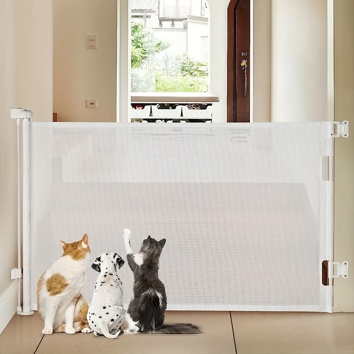 Get your hands on a retractable baby gate designed specifically for stairs and doorways. This mesh pet gate stands at 83.82cm tall and extends up to 139.7cm wide, making it the perfect extra wide dog gate for your home. Ensure safety for your little ones