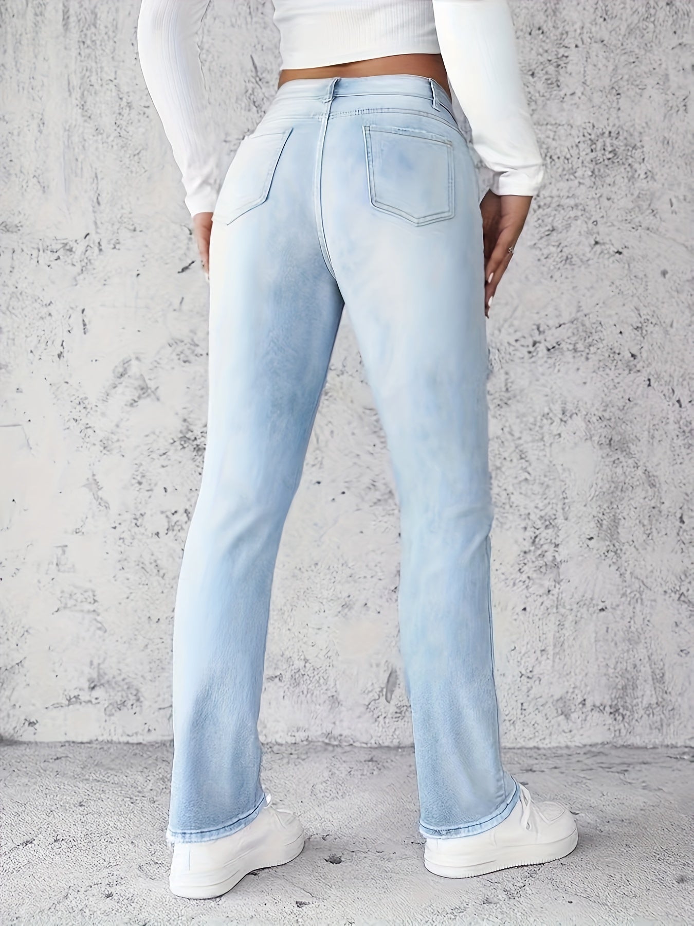 Women's Stretch High-Waisted Straight-Leg Jeans - Light Blue Distressed Denim with Functional Pockets, Half-Button Placket & Invisible Zipper, Versatile Streetwear Style