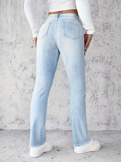 Women's Stretch High-Waisted Straight-Leg Jeans - Light Blue Distressed Denim with Functional Pockets, Half-Button Placket & Invisible Zipper, Versatile Streetwear Style