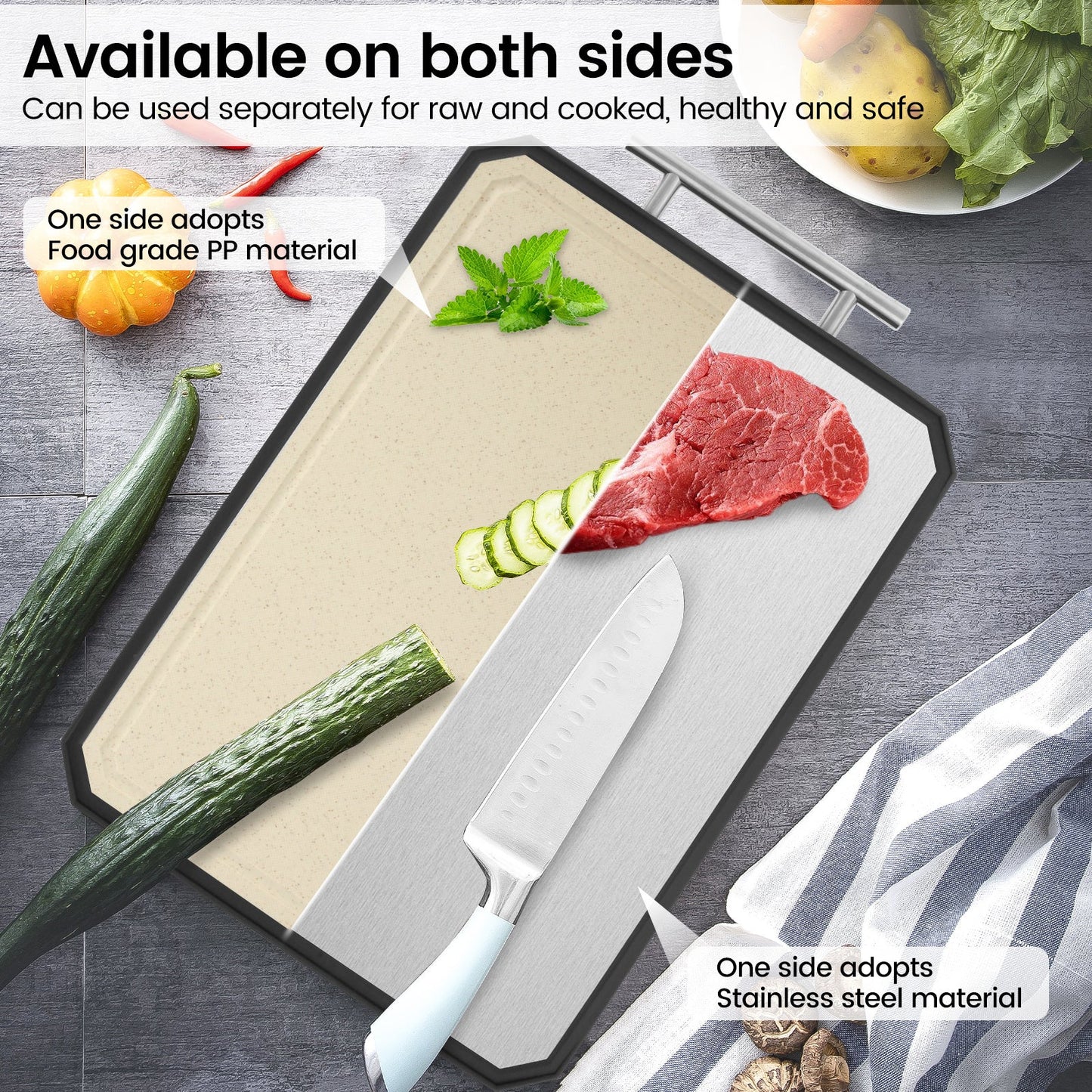 Essential in any kitchen, this durable 2-in-1 Cutting Board Set is made of high-quality stainless steel and PP materials. The dual-sided design allows for separate cutting surfaces for raw and cooked foods, ensuring safety and preventing