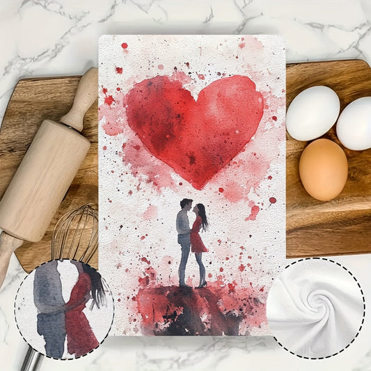 Valentine's Day Kitchen Towels Set - Includes Two Romantic Towels with Embracing Couple & Heart Design. Made of Ultra Soft Polyester, Highly Absorbent and Machine Washable. Perfect for Holiday Decor. Size: 40.64x60.96 cm. Suitable for use as Dish Hand