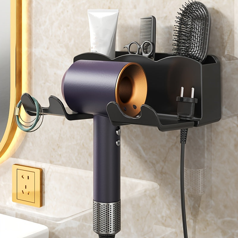 Wall-mounted hair dryer and phone holder with no-drill installation, stylish bathroom organizer.