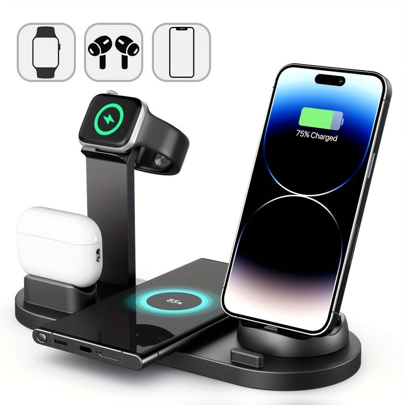 Wireless charger with fast charging for iPhone, Samsung, and Android series, also compatible with AirPods and iPhone Watch.