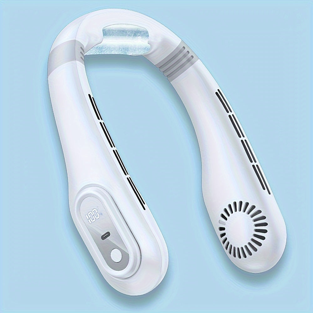 Portable Bladeless Neck Fan with High Velocity, USB Rechargeable and Button Control, Personal Cooling Device for Indoor and Outdoor Use, Quiet Operation with 3000mAh Lithium Battery.