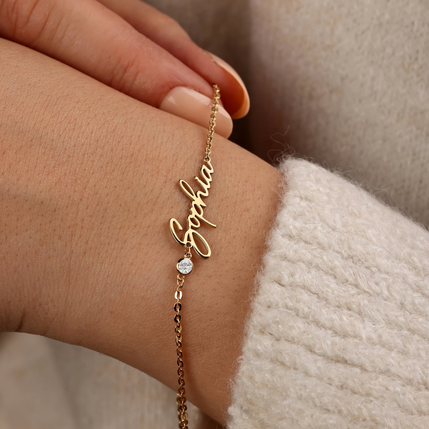 Elegant 18K Golden Plated Stainless Steel Name Bracelet with Synthetic Zirconia, Vintage Style Customized Birthstone Jewelry for Everyday Wear and Special Events