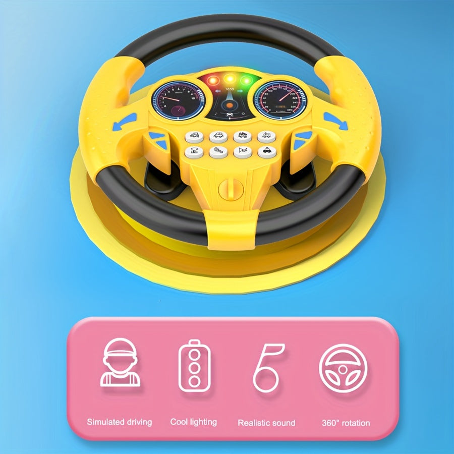 Kids simulated driving controller with interactive car steering wheel toy made of ABS resin in assorted colors, no batteries included. Great educational activity gift.