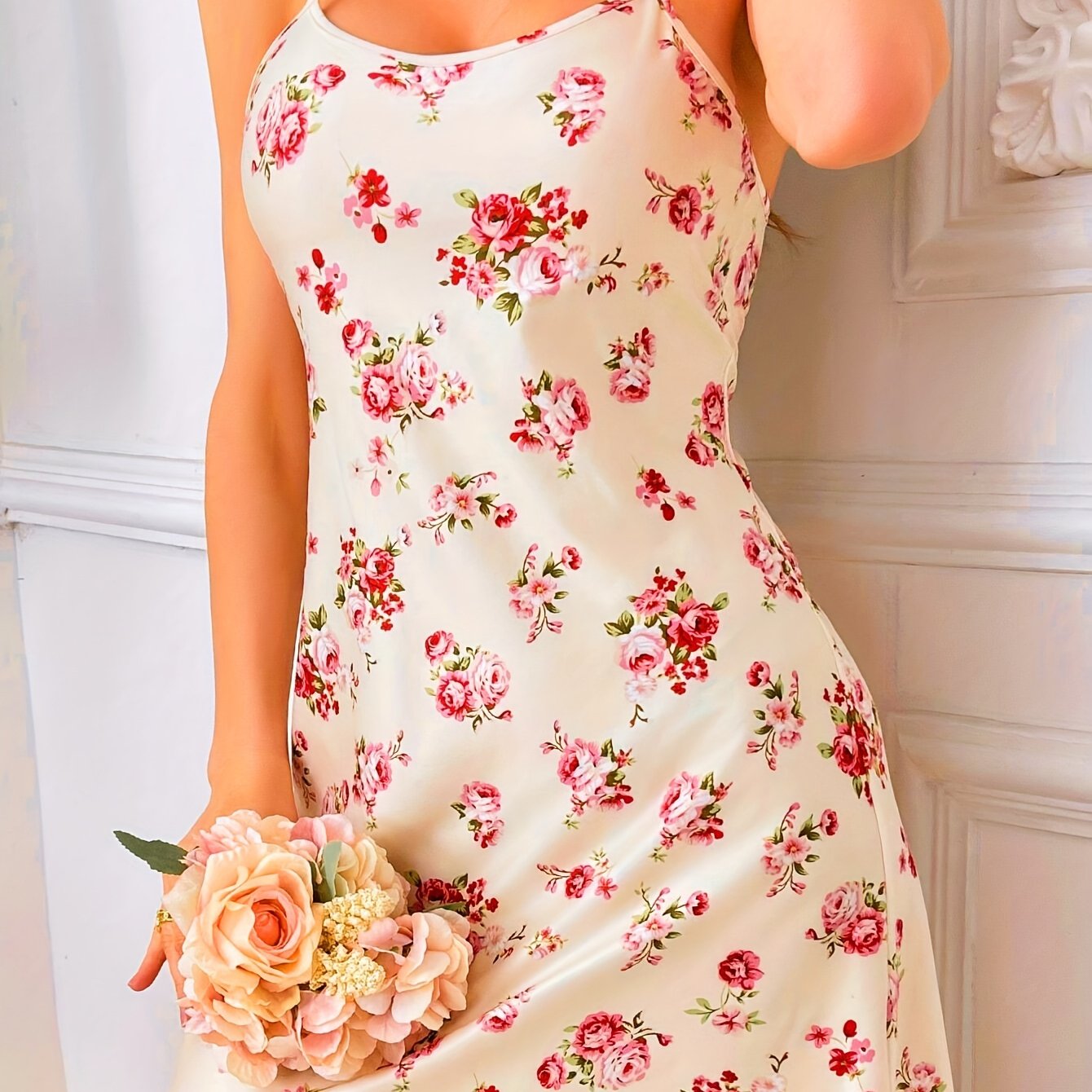 Floral print nightgown with lettuce trim round neck and backless design, perfect for women's sleepwear.