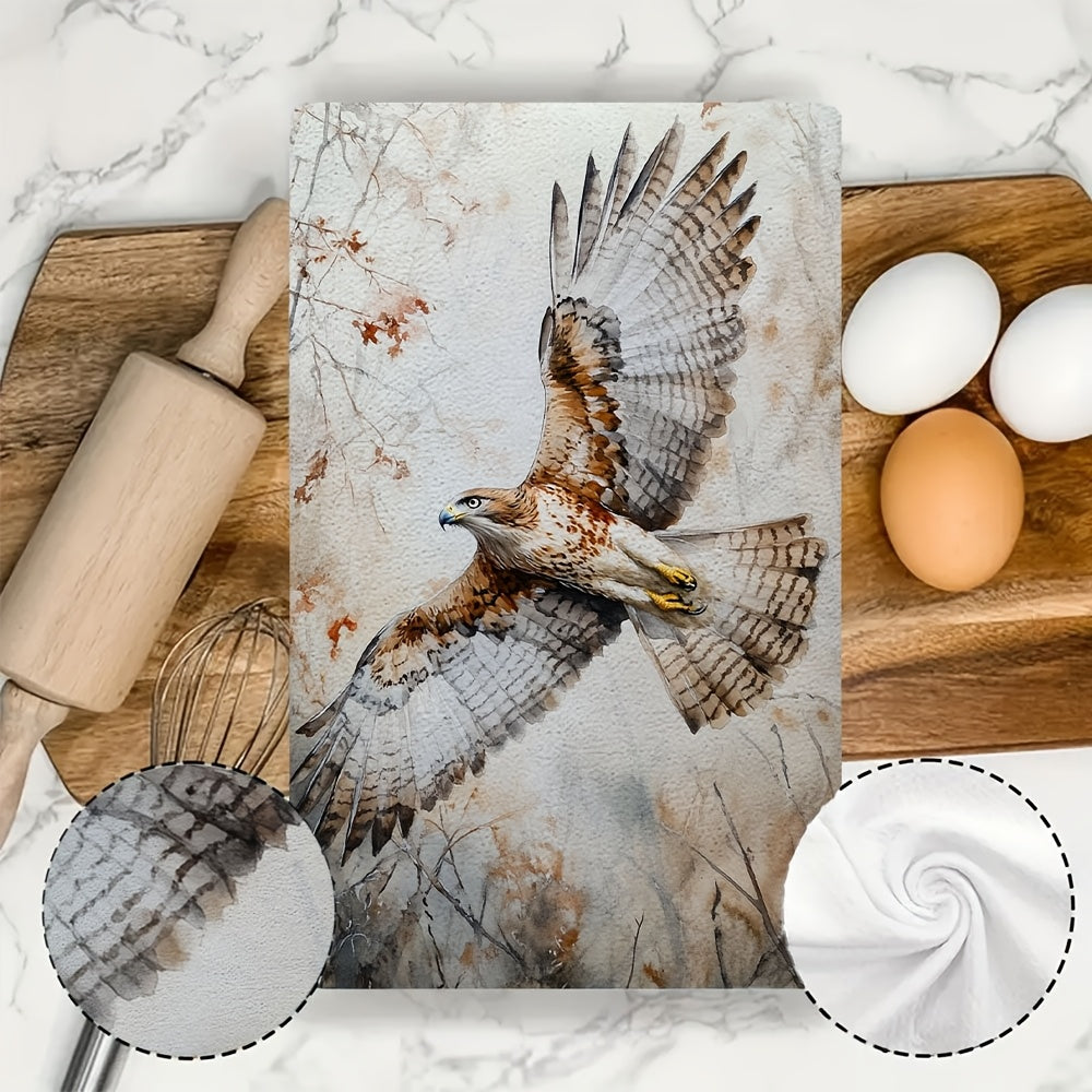 Two ultra-soft kitchen towels featuring the piercing cry of a hawk flying above. These dish towels are highly absorbent and perfect for holiday decoration. They are machine washable and measure 40.64X60.96 cm.