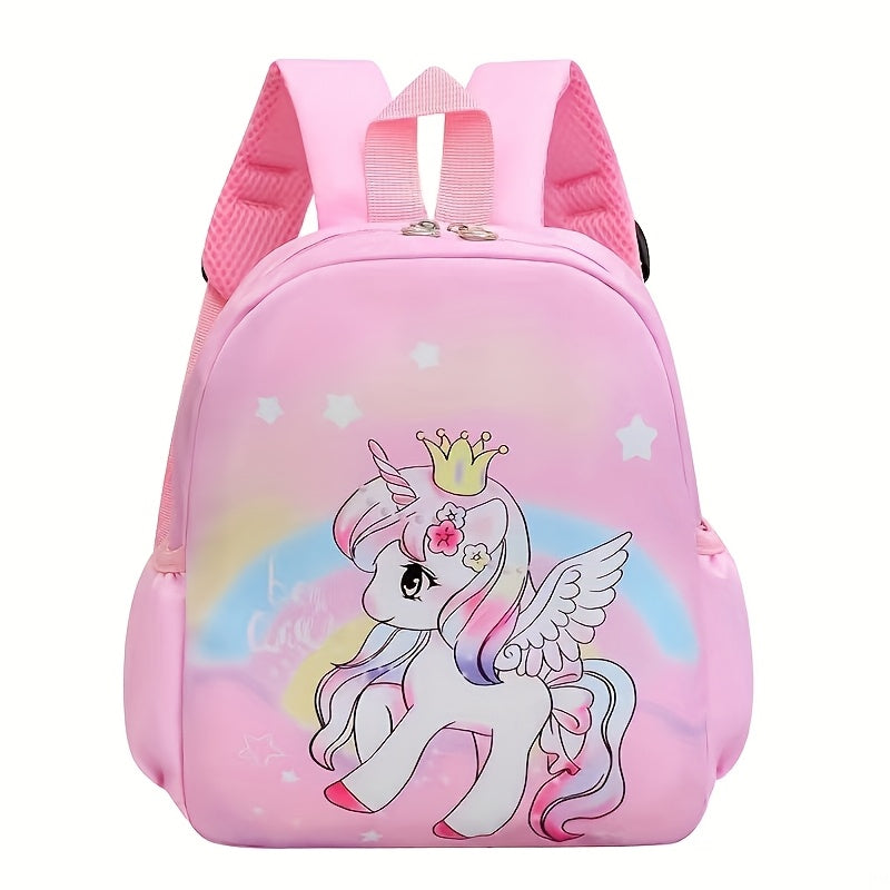 Kids' sturdy nylon backpack with adjustable straps, roomy interior, and side pockets for bottles and umbrellas - featuring a stylish cartoon design for both boys and girls.