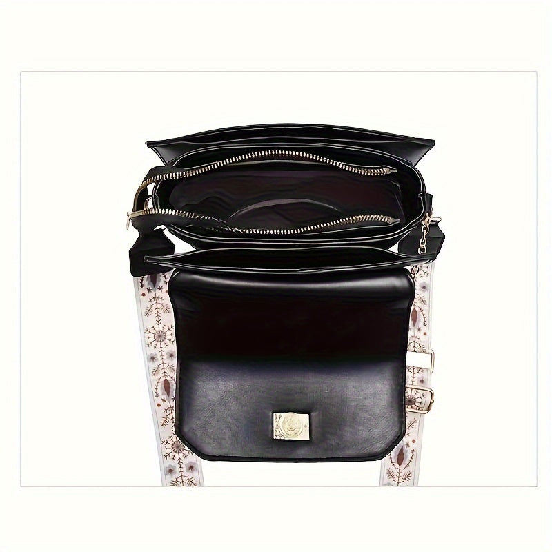 Stylish two-tone women's handbag with adjustable printed strap, made of PU material.