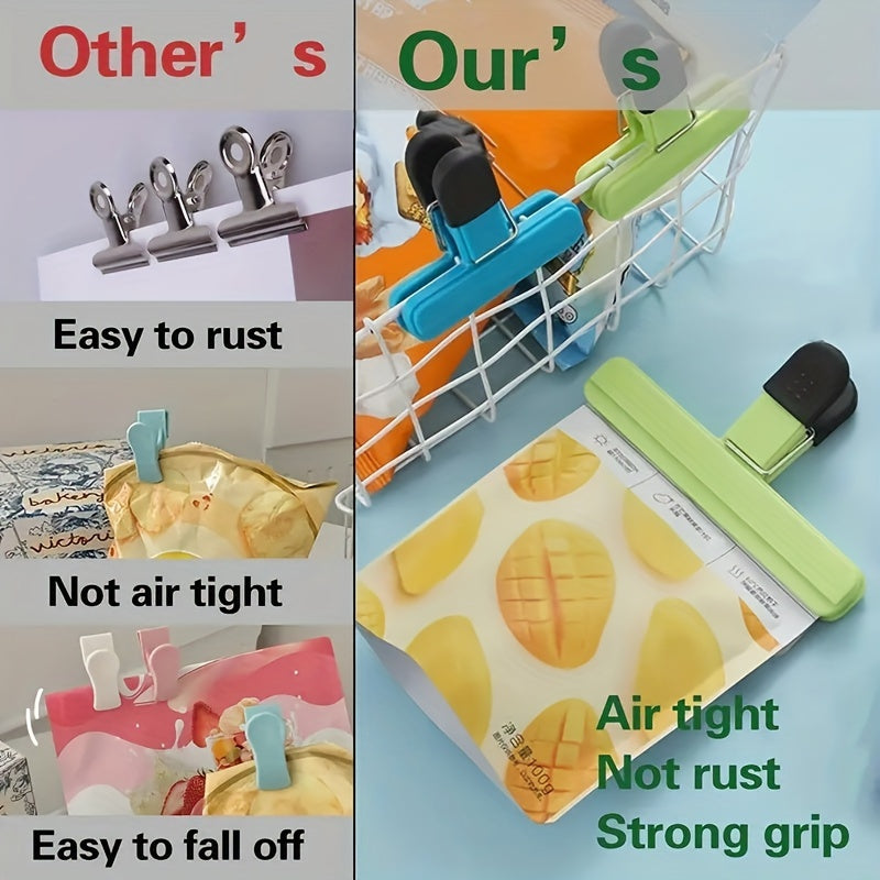 Set of 6 Food Bag Sealing Clips for Moisture-proof Storage. These Reusable and Durable Clamps are perfect for sealing snack bags, photos, and chip bags at home, in the office, or at school. Ideal for home organizers and storage solutions. A must-have