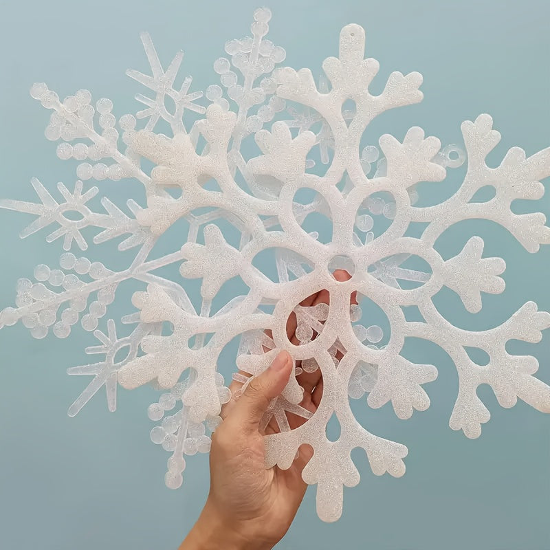 10 Christmas snowflake ornaments, plastic pendants, 10cm diameter, for festive tree decoration, no electricity needed.