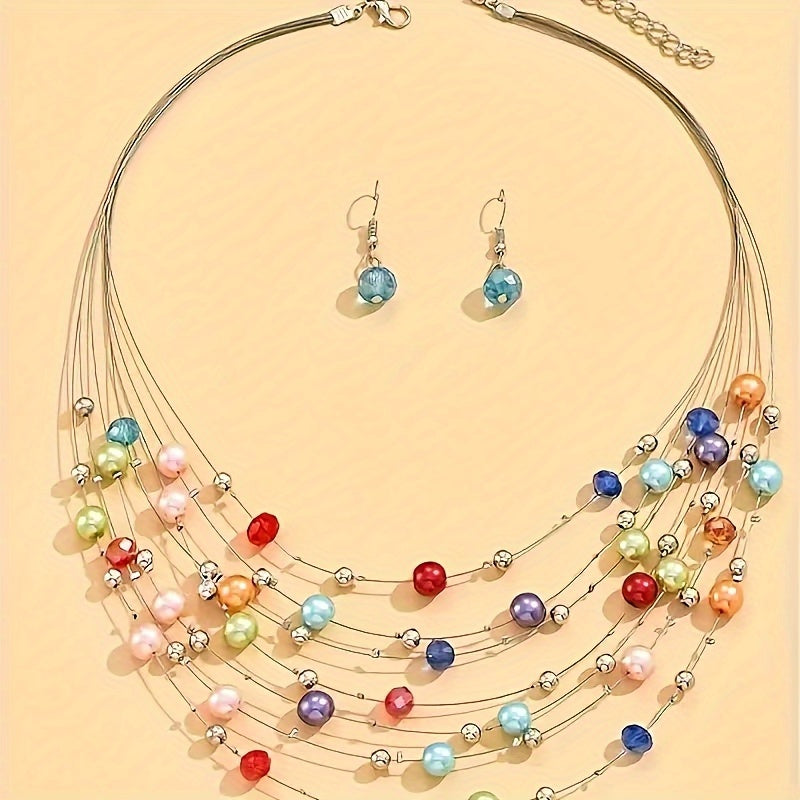 Handmade Crystal Beaded Necklace and Earrings Set with Bohemian Style, Ideal for Women's Fashion, Suitable for Everyday Wear and Gifting, Made with Shell Material, No Plating, Perfect Accessory for All Seasons