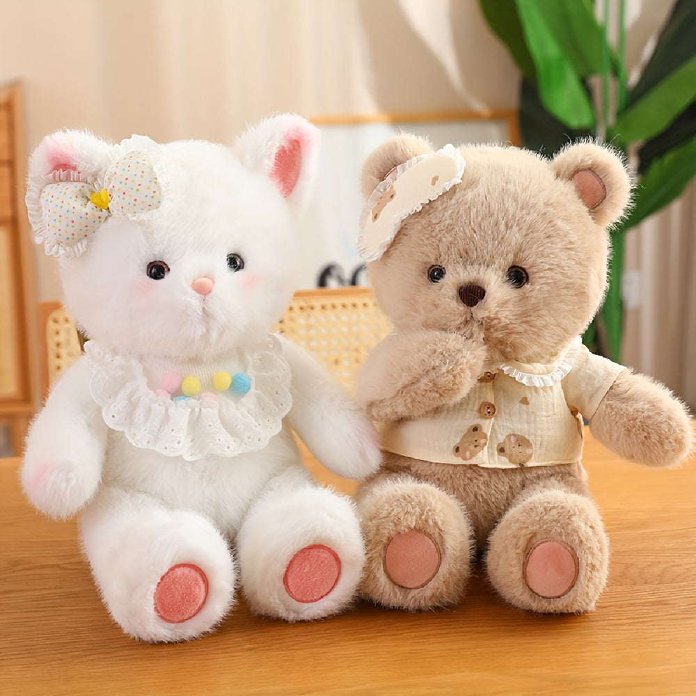 Soft and calming Fox, Bear, and White Cat plush dolls ideal for home decor or as a thoughtful gift.