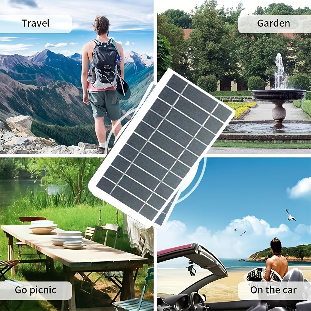 Solar USB charger for outdoor travel and camping, with mobile power, phone charging, flashlight, and fan capabilities.