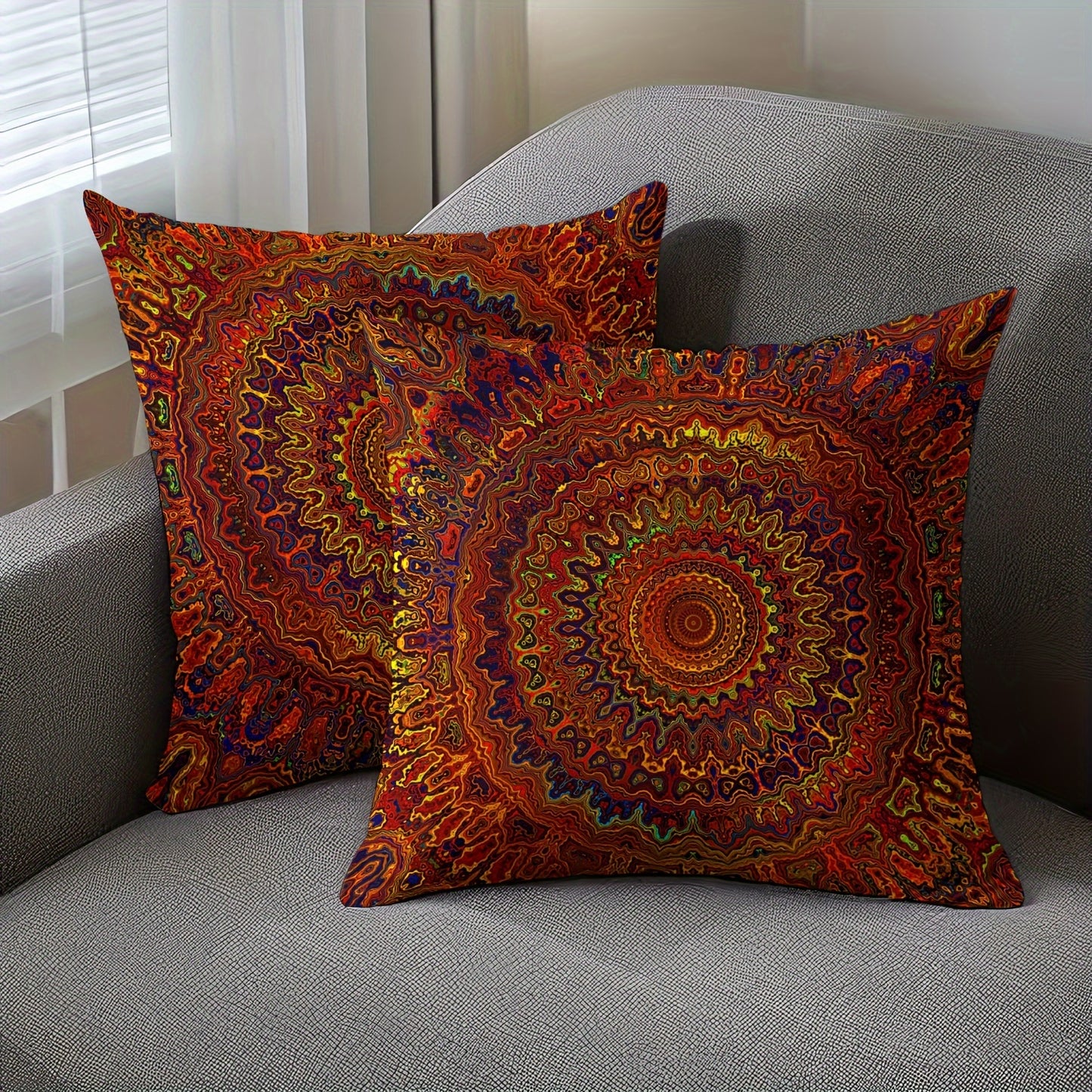 Red Fantasy Golden Mandala Bohemian Style Pillow Cover, 2pcs, Short Plush Fabric, Double-sided Printing, 45.72cm x 18in, Modern Art Style, Home Decoration (Pillow core not included)