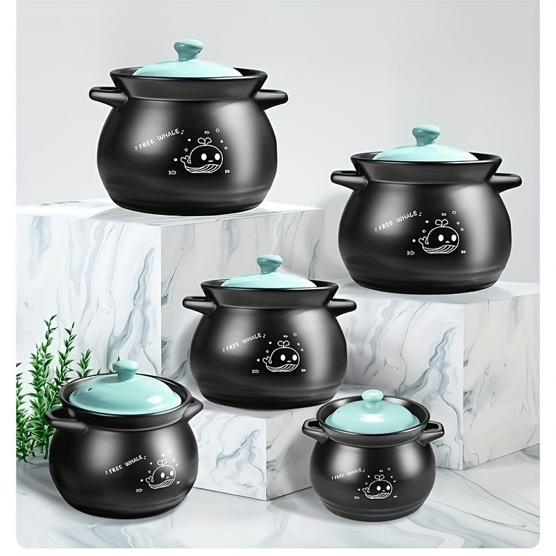 Black whale ceramic slow cooker with a cute design, made from high-temperature heat-resistant earthenware, suitable for use on gas stovetops. Perfect for cooking stews, rice, and soups without the need for a power supply.