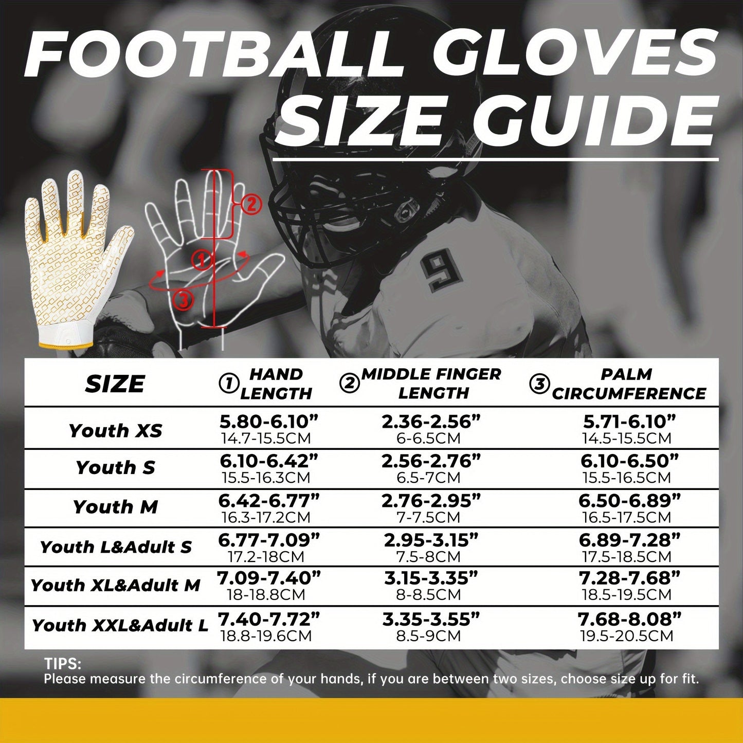 Adjustable football gloves with sticky white and golden receiver palms and elastic closure.