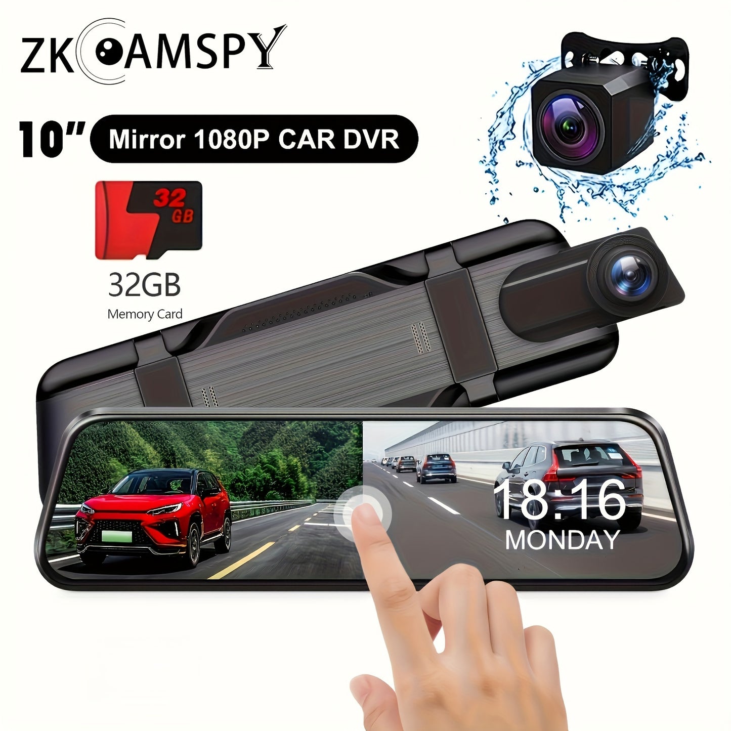 25.4cm mirror dash cam with 1080P front and 720P rear cameras, touch screen display, G-sensor, night vision, loop recording, 24/7 parking monitor, 32GB card included