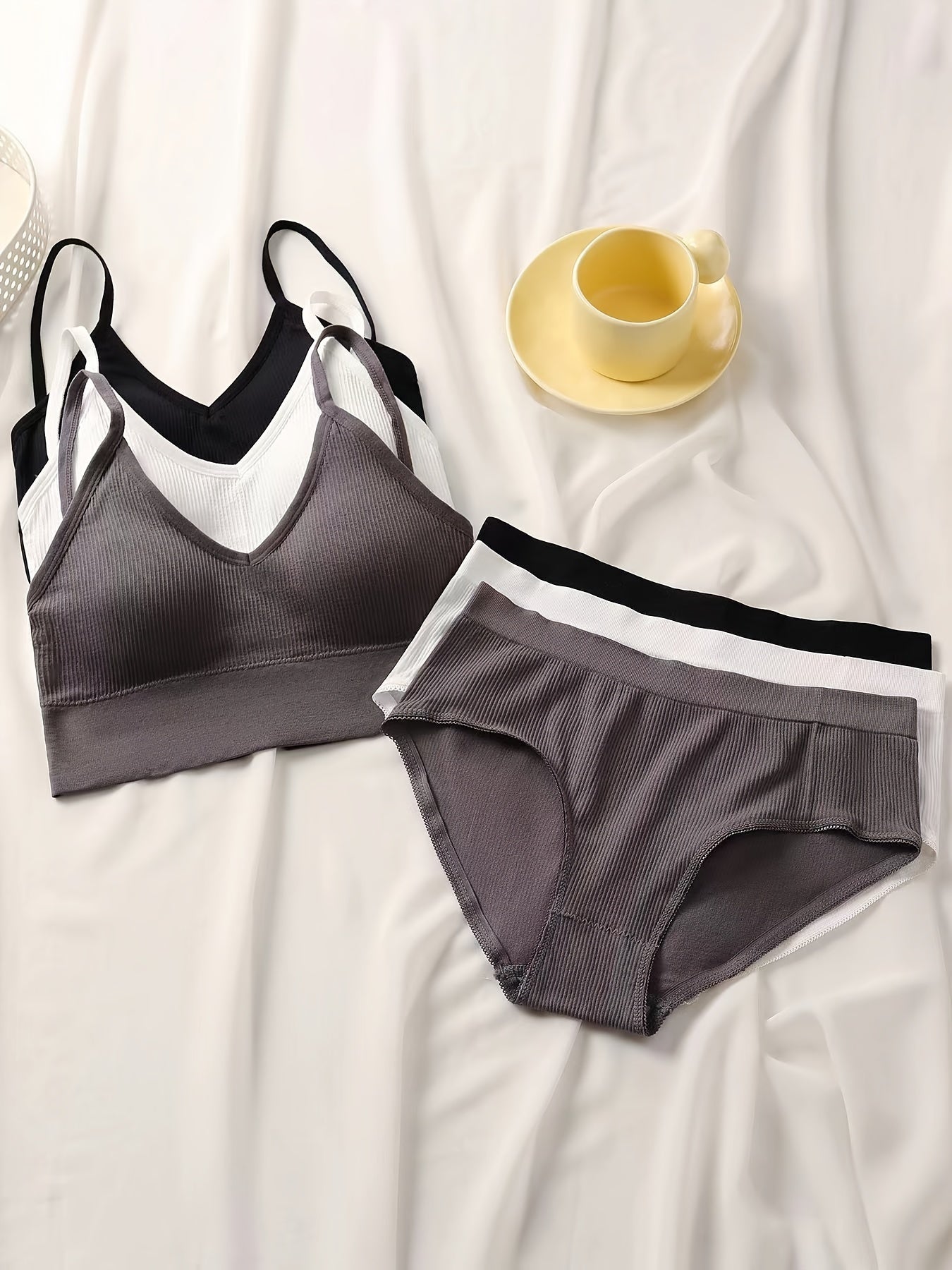 3-piece Elegant Lingerie Set with Seamless Ribbed Cami Bra and Panties for Women.