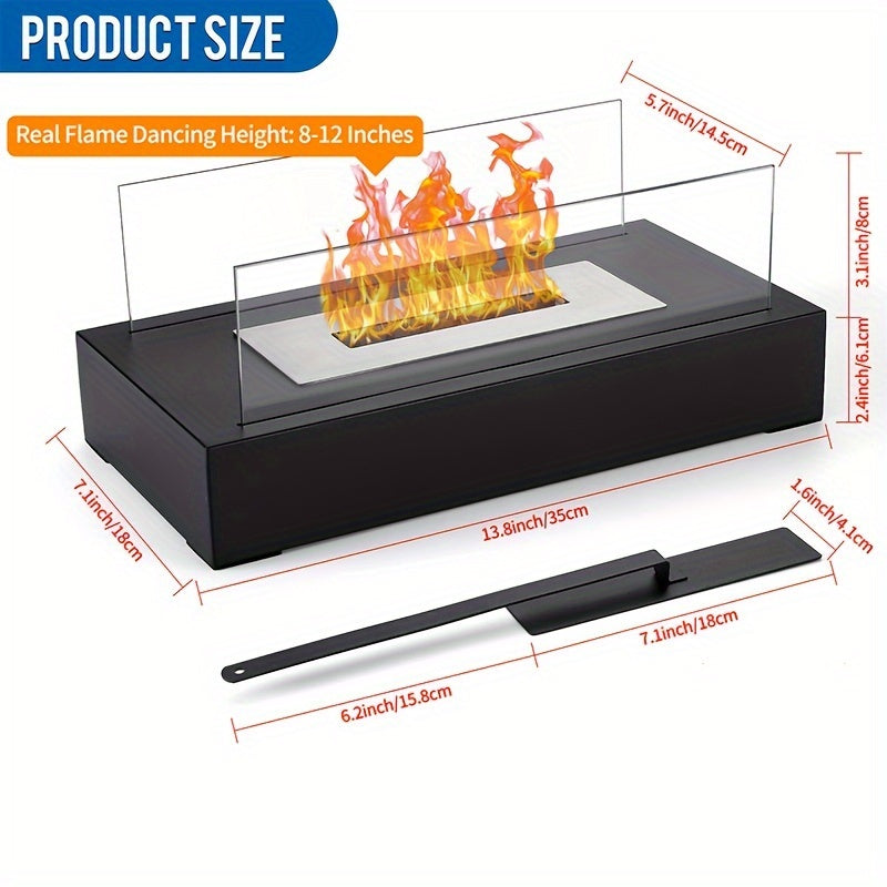 One piece of a Tabletop Fire Pit that is portable and can be used with alcohol. This Bioethanol Tabletop Fireplace is perfect for outdoor camping and has a rectangular shape. It provides a clean burning real flame and is a convenient household gadget.