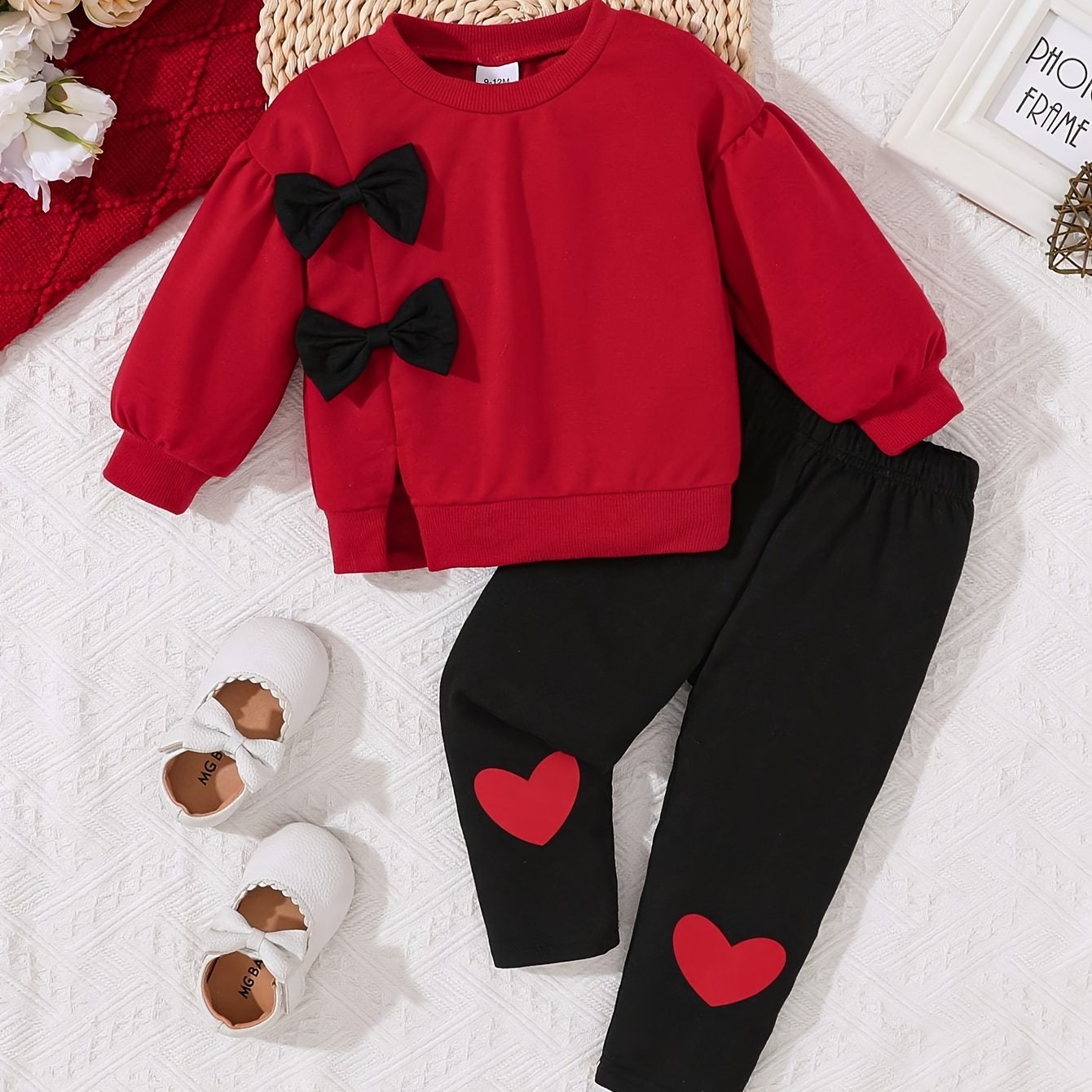 Cozy knit sweatshirt and heart print pants set for girls, machine washable and ideal for fall/winter outdoor activities.