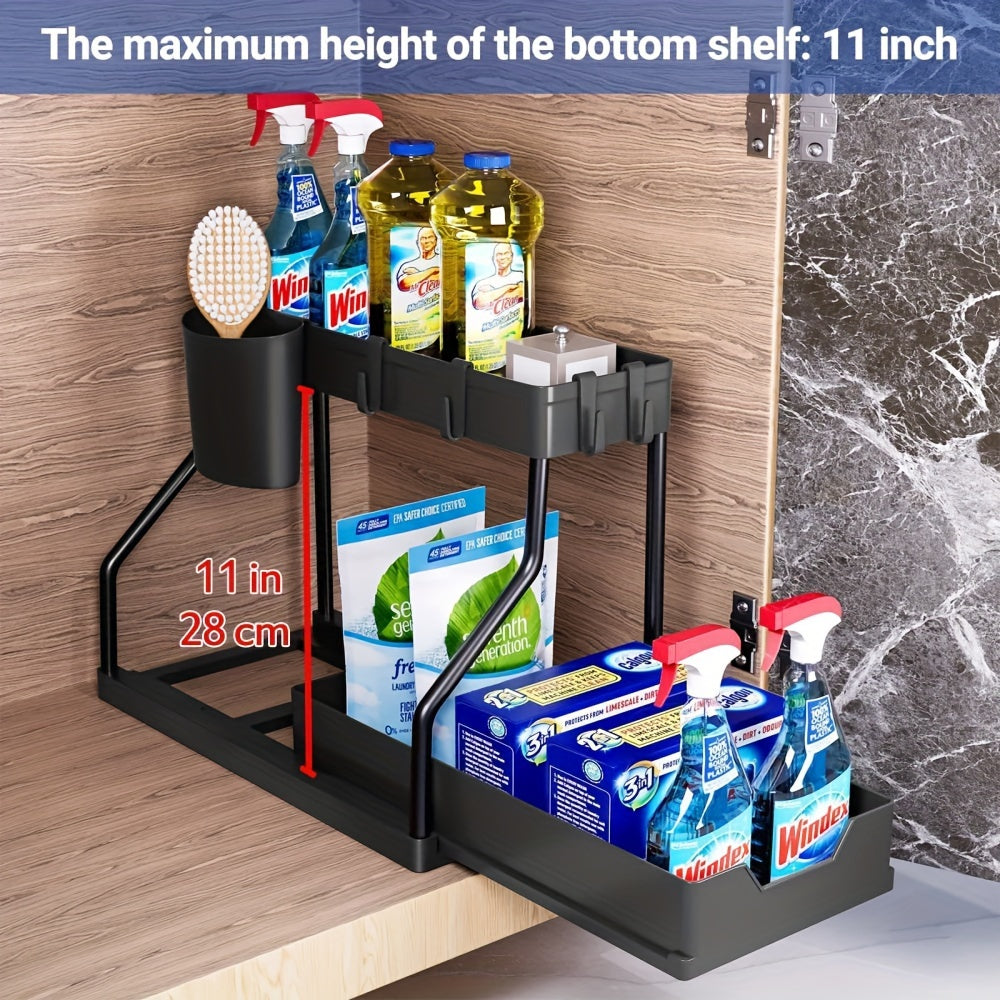 Introducing the Expandable Under Sink Organizer - a 2 Tier Pull-Out Storage Rack with Hooks and Hanging Cup. This multifunctional shelving unit is adjustable and perfect for the kitchen and bathroom. Say goodbye to clutter and hello to organized living