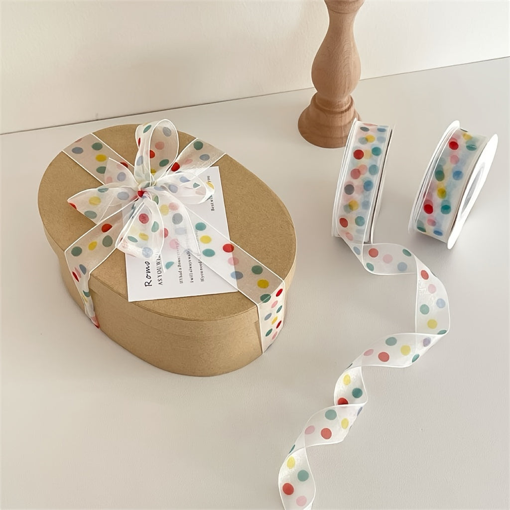 Bright polka dot satin ribbon for gifts and baking - perfect for holidays, birthdays, and any occasion.